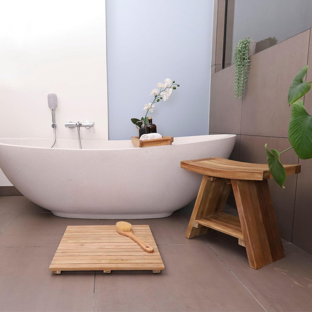 Teak Wood Shower Bench 17.7" Natural Finish Curved Seat R360874