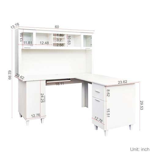 White Corner Desk with Drawers and Shelves L8599
