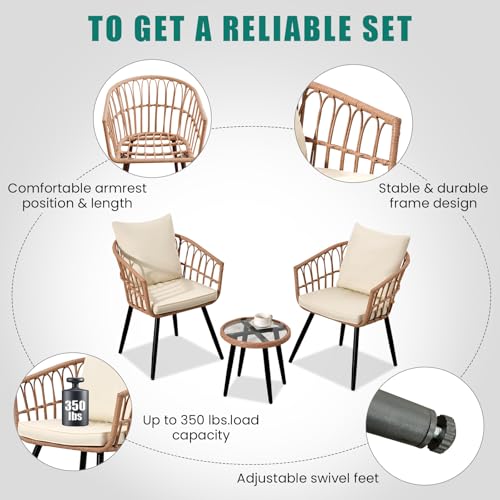 Beige 3 Piece Outdoor Wicker Bistro Set with Cushions A7498