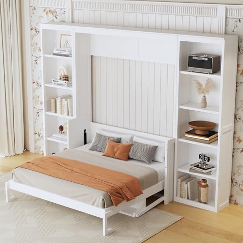 White Full Size Solid Murphy Bed with Desk and Shelves R582381