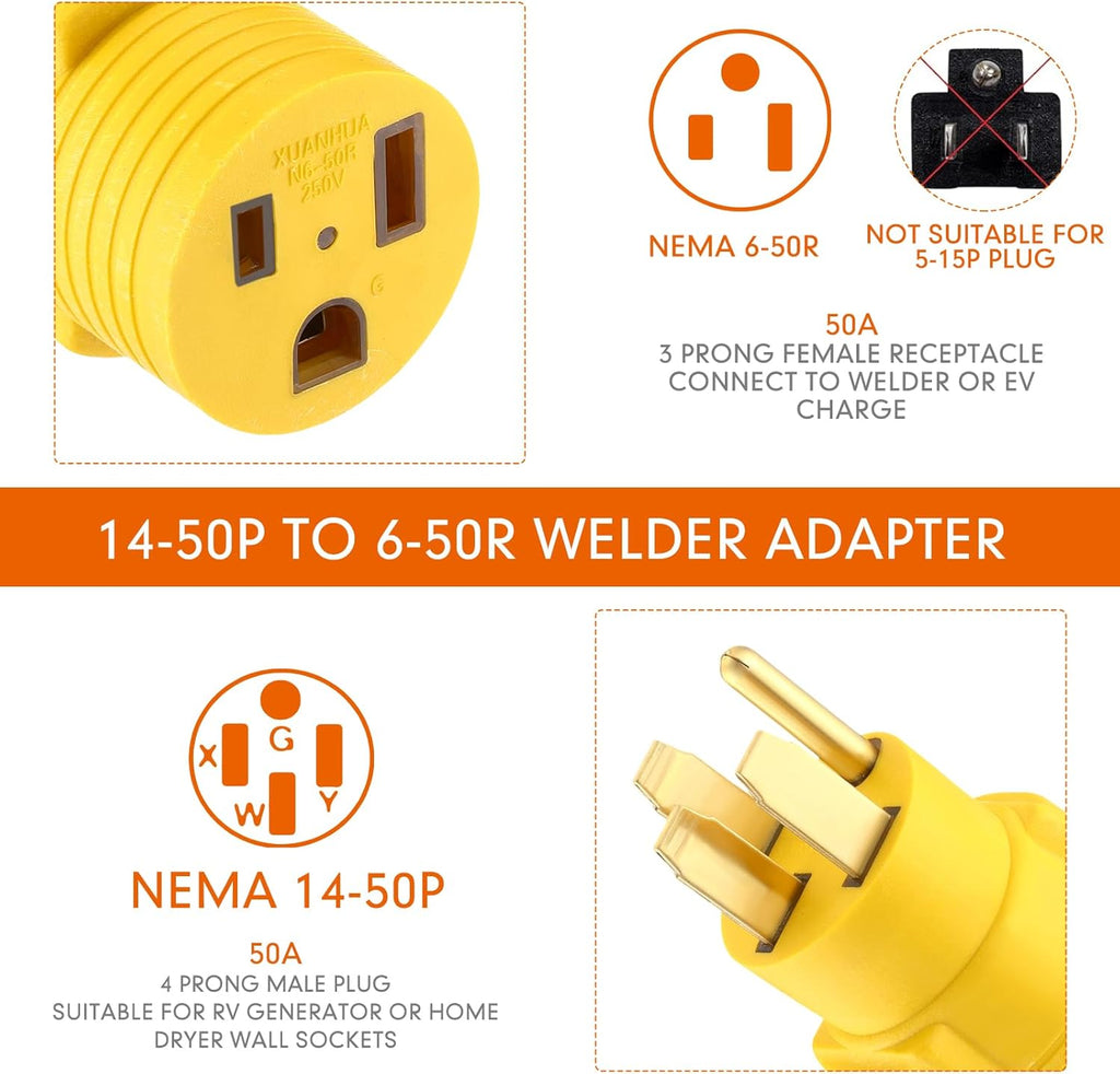 Welder Adapter, NEMA 14-50P Male to 6-50R Female, 50 Amp 4 Prong to 3 Prong M4025