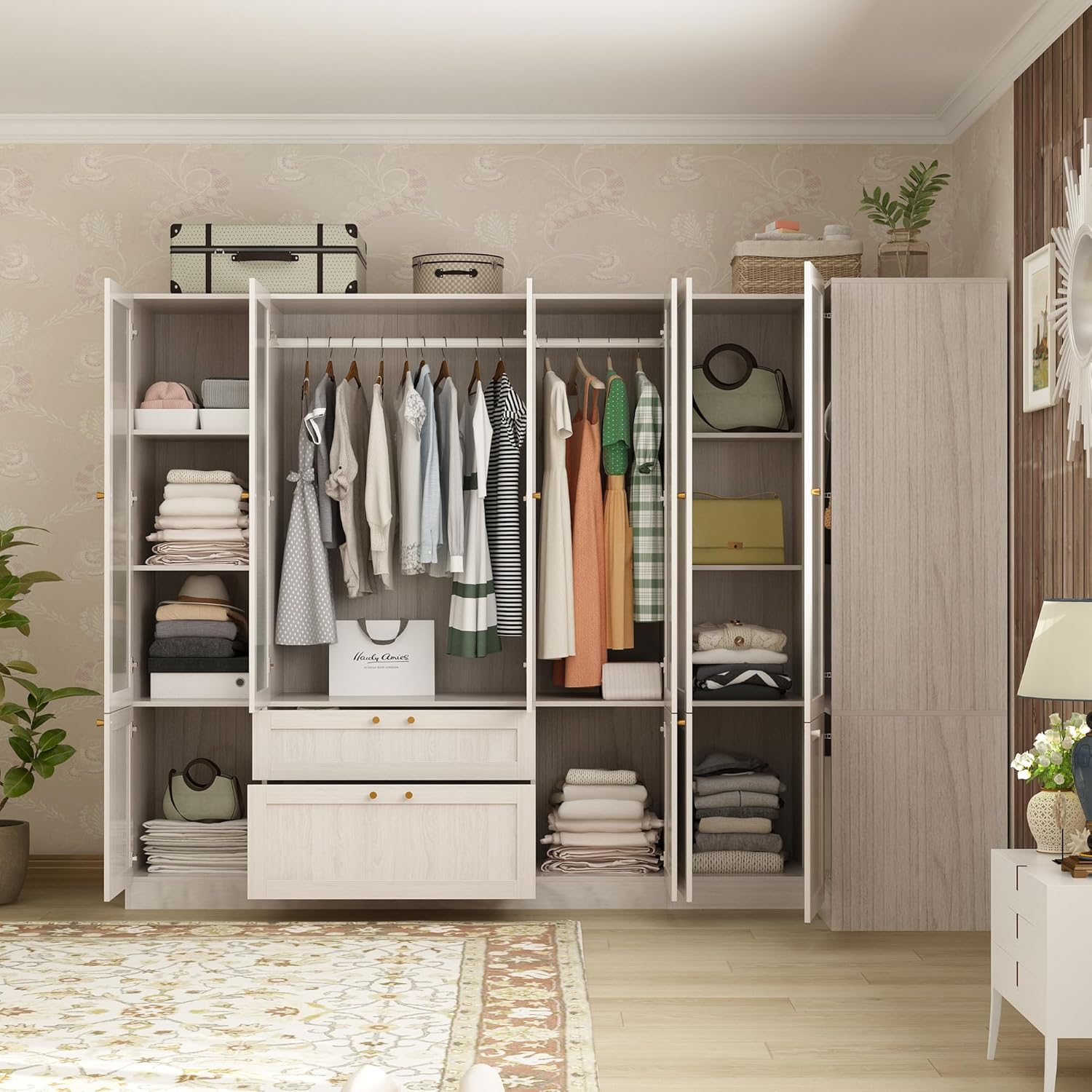 98.4" L Warm Grey 6 Door Wooden Armoire Wardrobe Closet Q49386