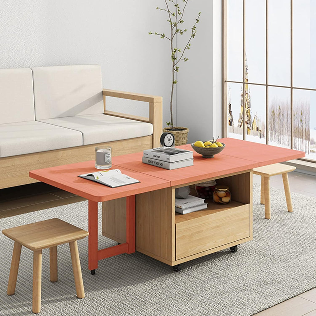 Solid Wood Drop-Leaf Folding Coffee Table with Rollers, 1.4m D84366