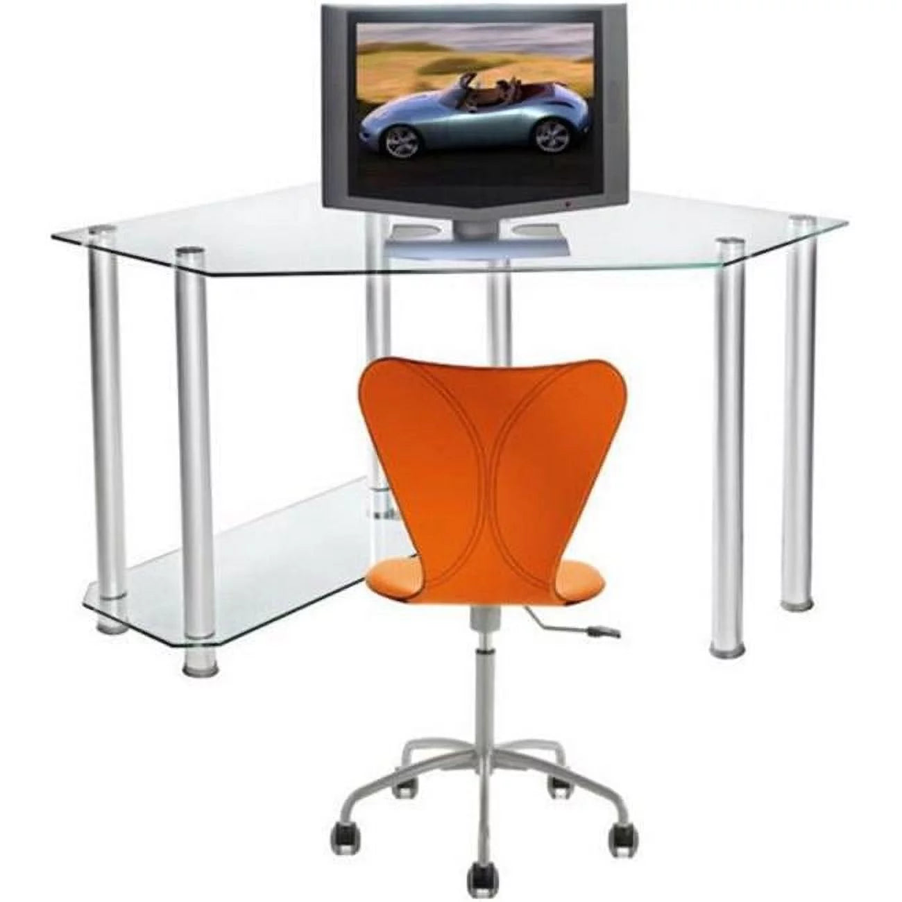 Clear Tempered Glass and Aluminum Corner Computer Desk M959