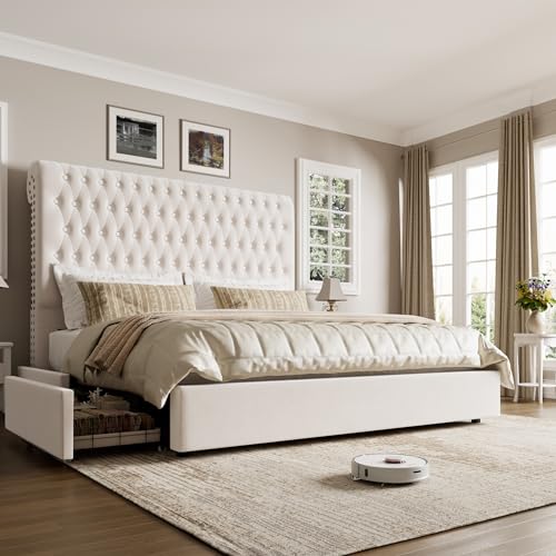 Beige Velvet Upholstered King Size Bed Frame with 4 Under-bed Storage Drawers R343201