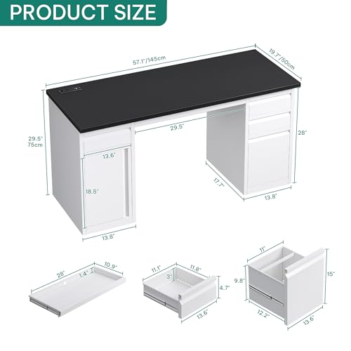 Black 57 Inch Steel Office Desk with 5 Drawers F2109