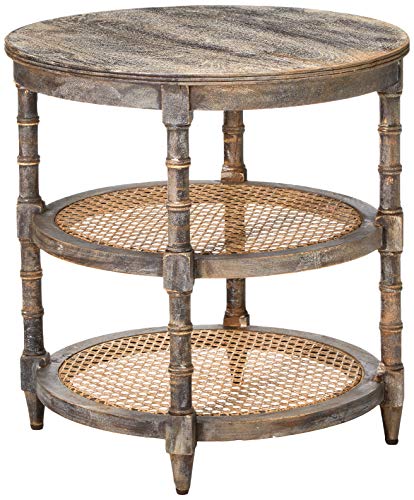 Round Mango Wood Table with 2 Cane Shelves P715642