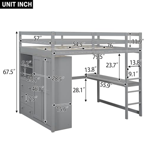 White Solid Wood Full Size Loft Bed with Desk and Drawers G222837