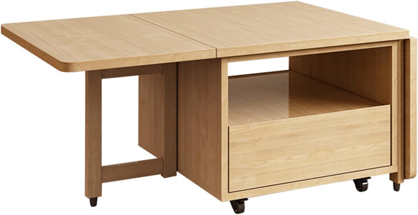 Solid Wood Drop-Leaf Folding Coffee Table with Rollers, 1.4m D84366