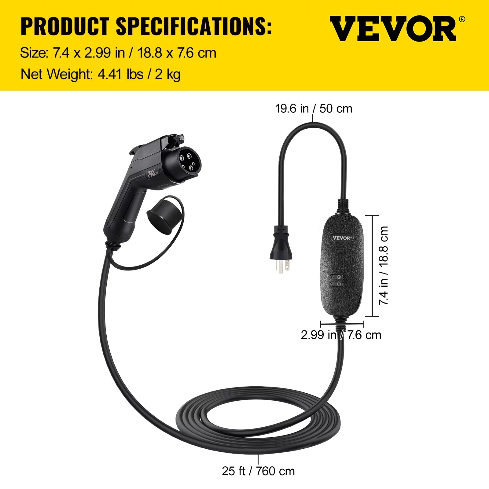 16 Amp 110V-240V Portable Electric Vehicle Charger with 25 ft Charging Cable D54084