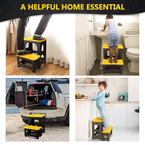 Folding 2-Step Stool, Non-Slip Portable Footstool 8" & 17" Dual Heights, Holds 300 lbs (Yellow) J4065