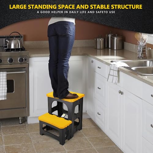 Folding 2-Step Stool, Non-Slip Portable Footstool 8" & 17" Dual Heights, Holds 300 lbs (Yellow) J4065