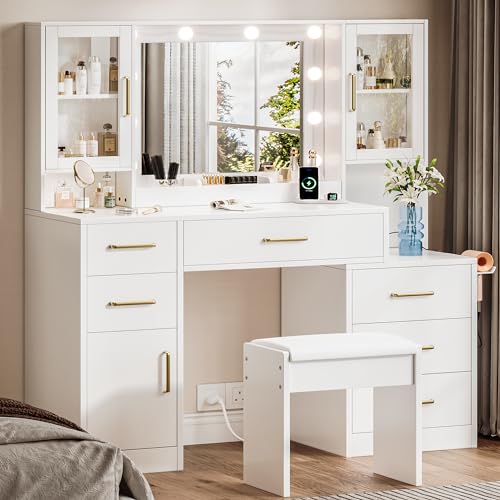 White Makeup Vanity Desk with Mirror & Lights and 5 Drawers D284257
