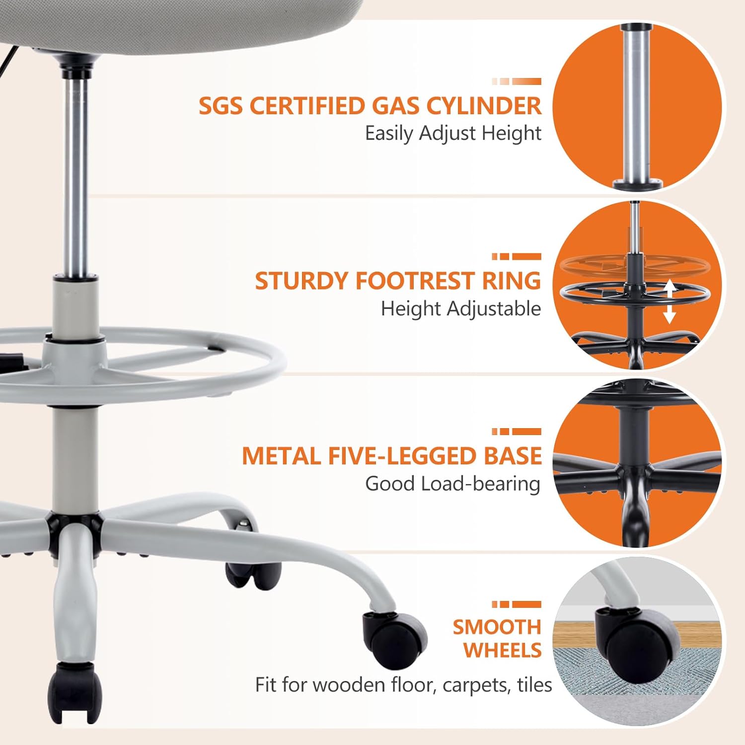 Drafting Chair with Flip-up Arms and Adjustable Foot-Ring J22014