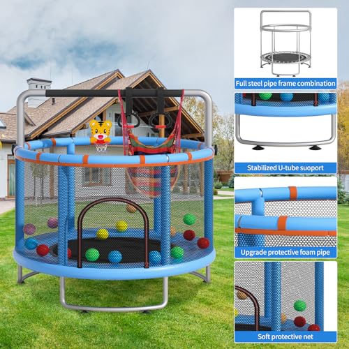 55" Small Trampoline with Enclosure Net and Basketball Hoops L61093
