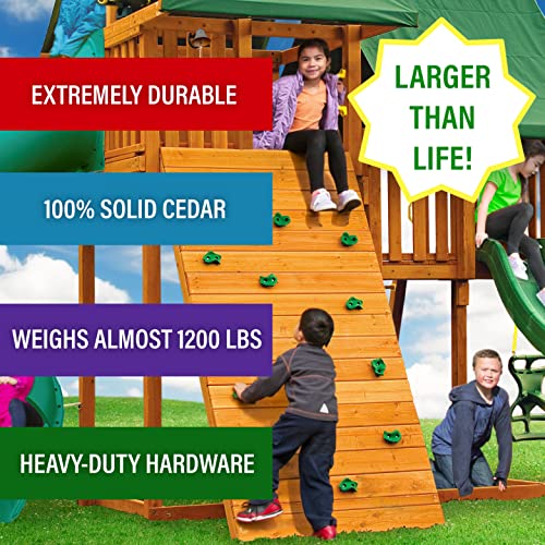 Solid Cedar Wood Swing Set with Clubhouses, Rock Wall, Spiral Slide, Swings Z4864