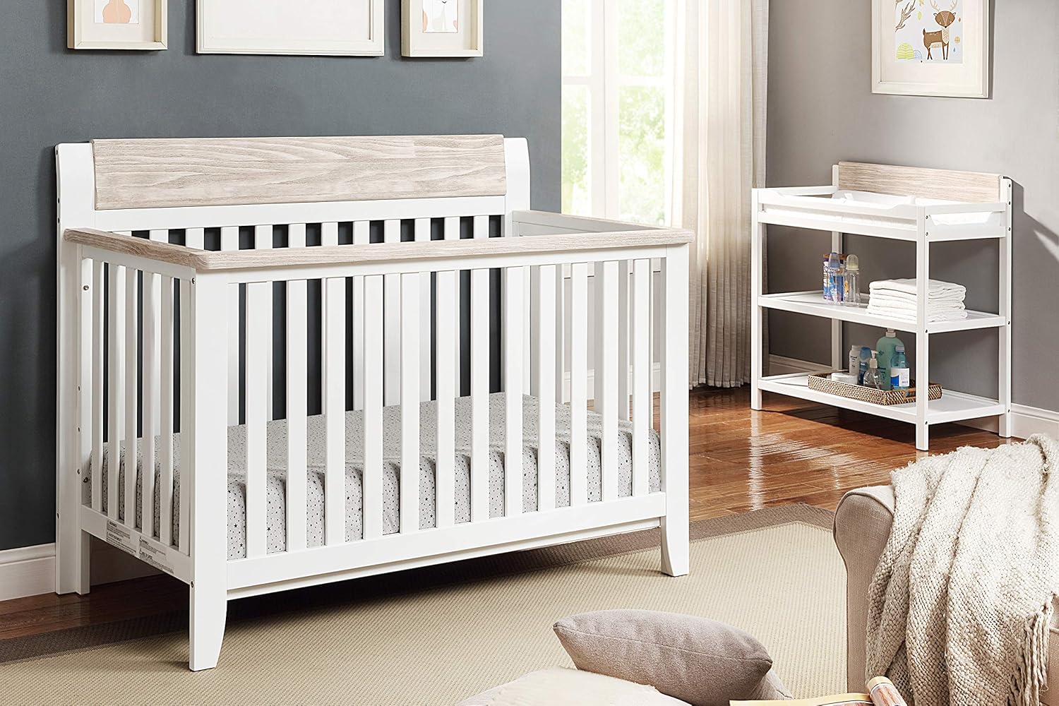 White and Wire Brushed Wood 4 in 1 Convertible Crib L2431