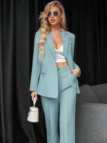 2 Piece Blazer Set Button Front Long Sleeve Blazer and Pants Solid Suits Set B870182