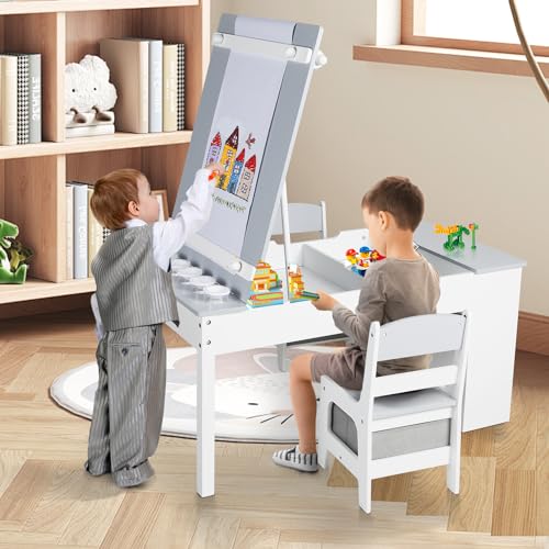 3 in 1 Wood Kids Art Table & Easel Chair Set with 6 Storage Bins D701071