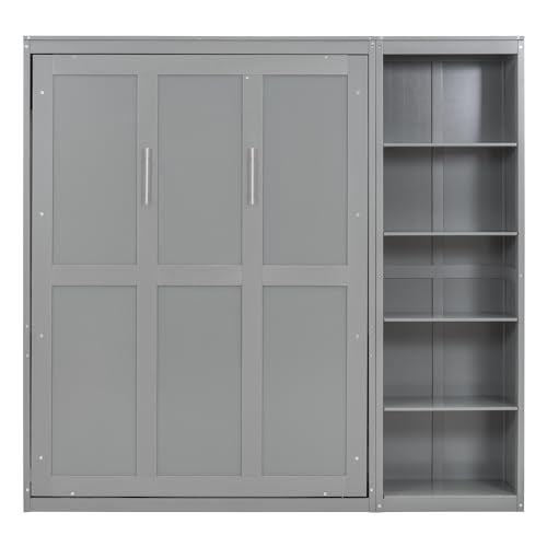 Full Murphy Bed with Storage Bookcase Shelves, Wood Folding Grey Wall Bed Cabinet B589