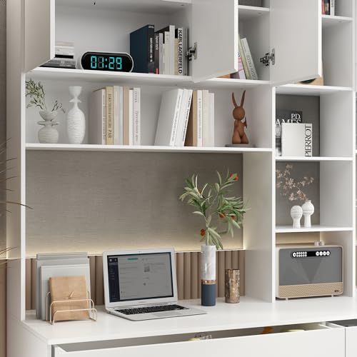 White 94.5" L Computer Desk with 6 Drawers, 15 Shelves & 6 Doors L274