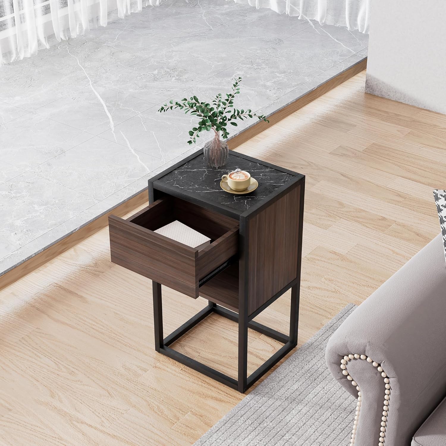 Brown+Light Gray Wood Side Table with Storage Drawer U63674