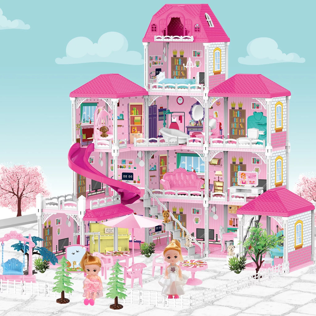 4 Stories 12 Rooms Dollhouse with 2 Princesses Slide Accessories L1679