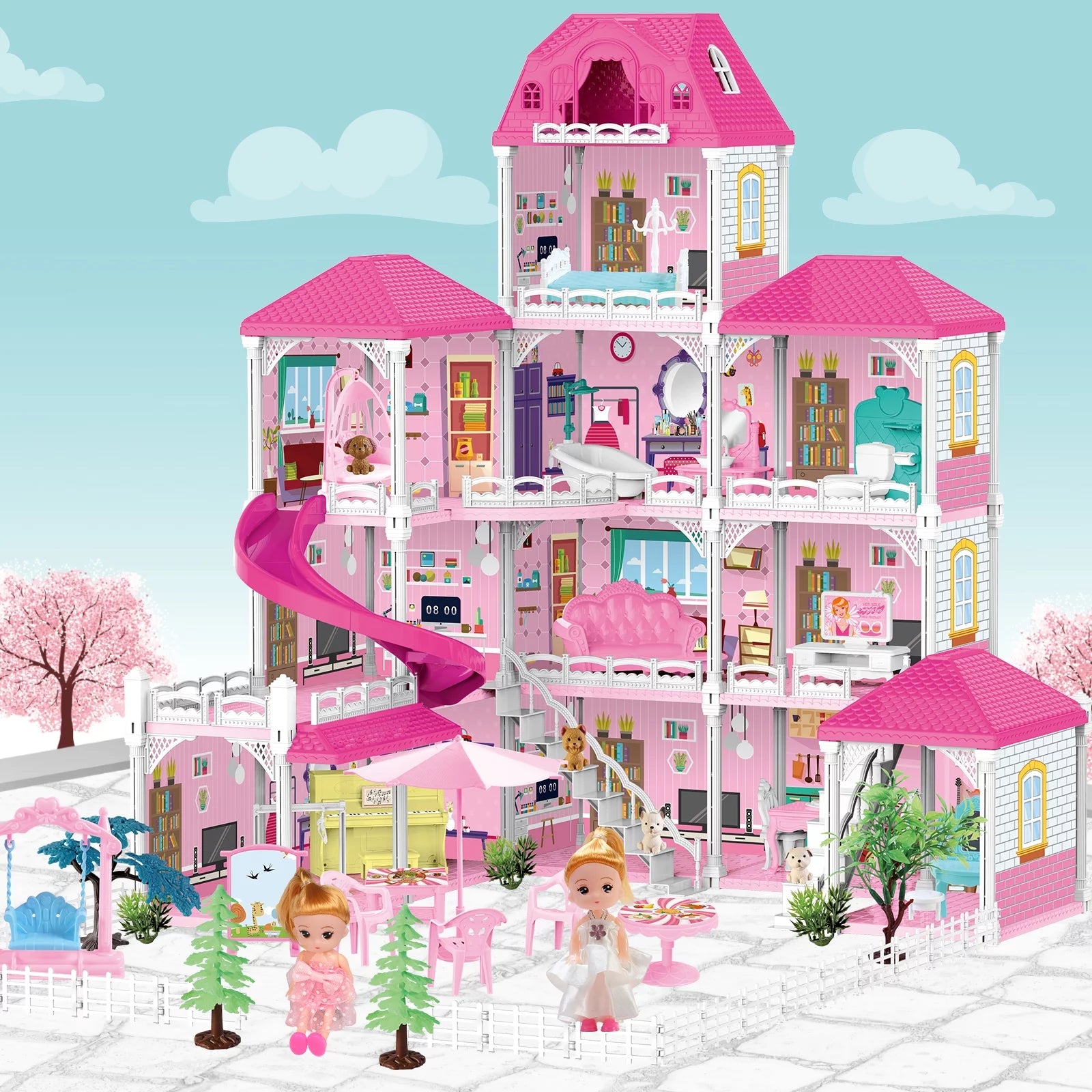4 Stories 12 Rooms Dollhouse with 2 Princesses Slide Accessories L1679