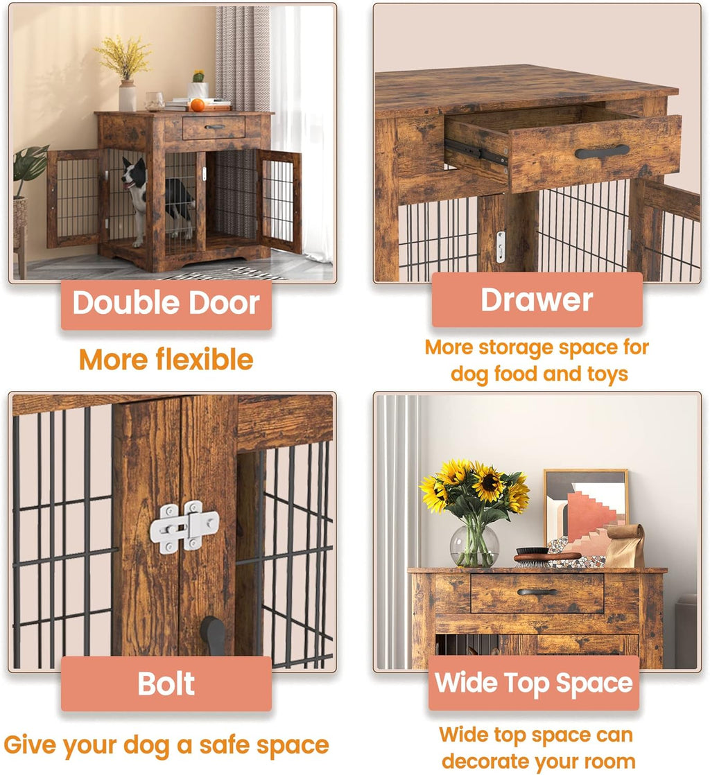 Rustic Brown Dog Crate End Table with Drawer, Double Doors, 29.92in W x 24.8in D x 30.71in H C562