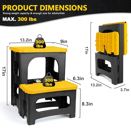 Folding 2-Step Stool, Non-Slip Portable Footstool 8" & 17" Dual Heights, Holds 300 lbs (Yellow) J4065