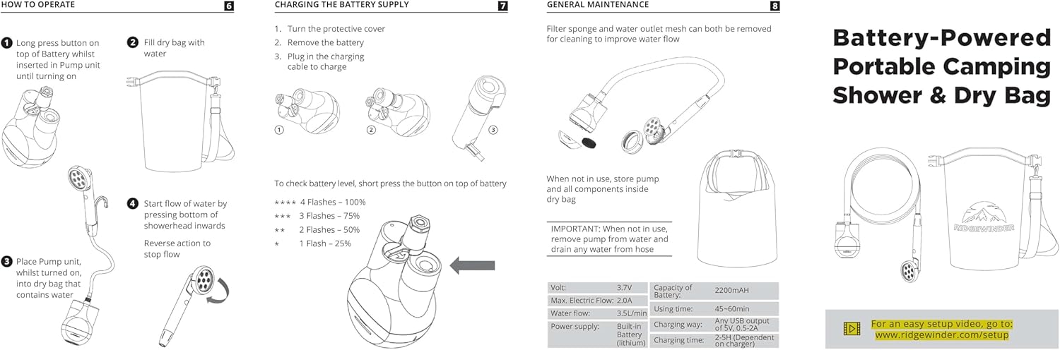 Portable Camp Shower with Rechargeable Battery and Showerhead C1330