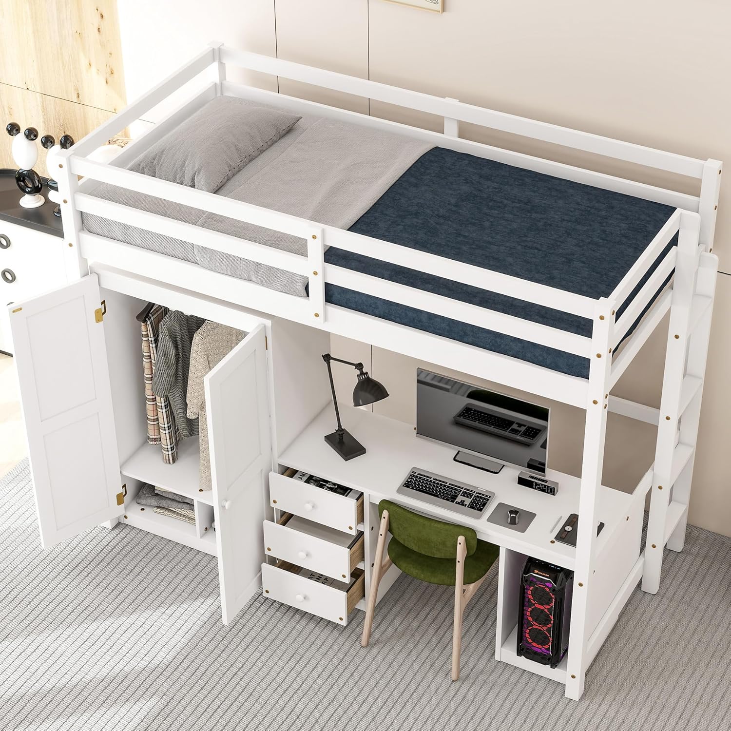 White Twin Wood Loft Bed with Wardrobe Desk and Storage Drawers F87343