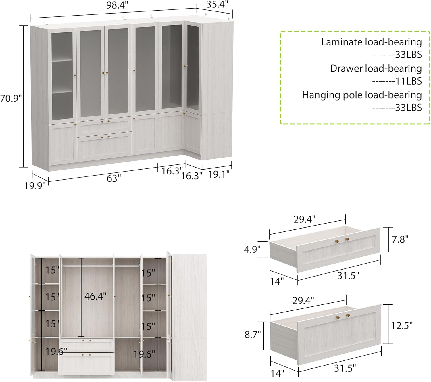98.4" L Warm Grey 6 Door Wooden Armoire Wardrobe Closet Q49386