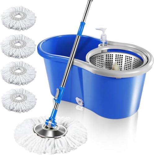 Mop and Bucket with Wringer Set, 4 Washable Microfiber Pads J67088