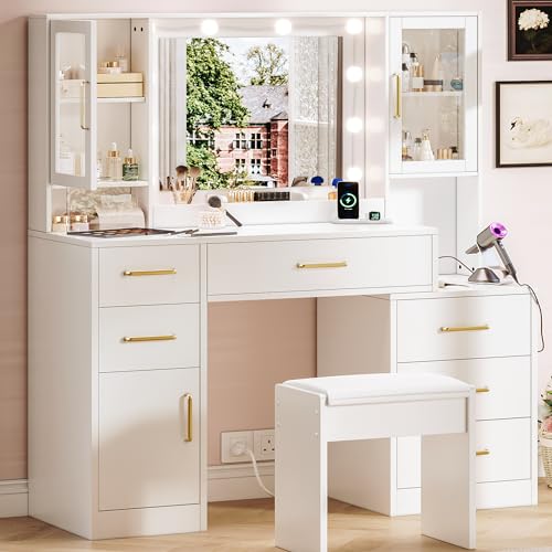 White Makeup Vanity Desk with Mirror & Lights and 5 Drawers D284257