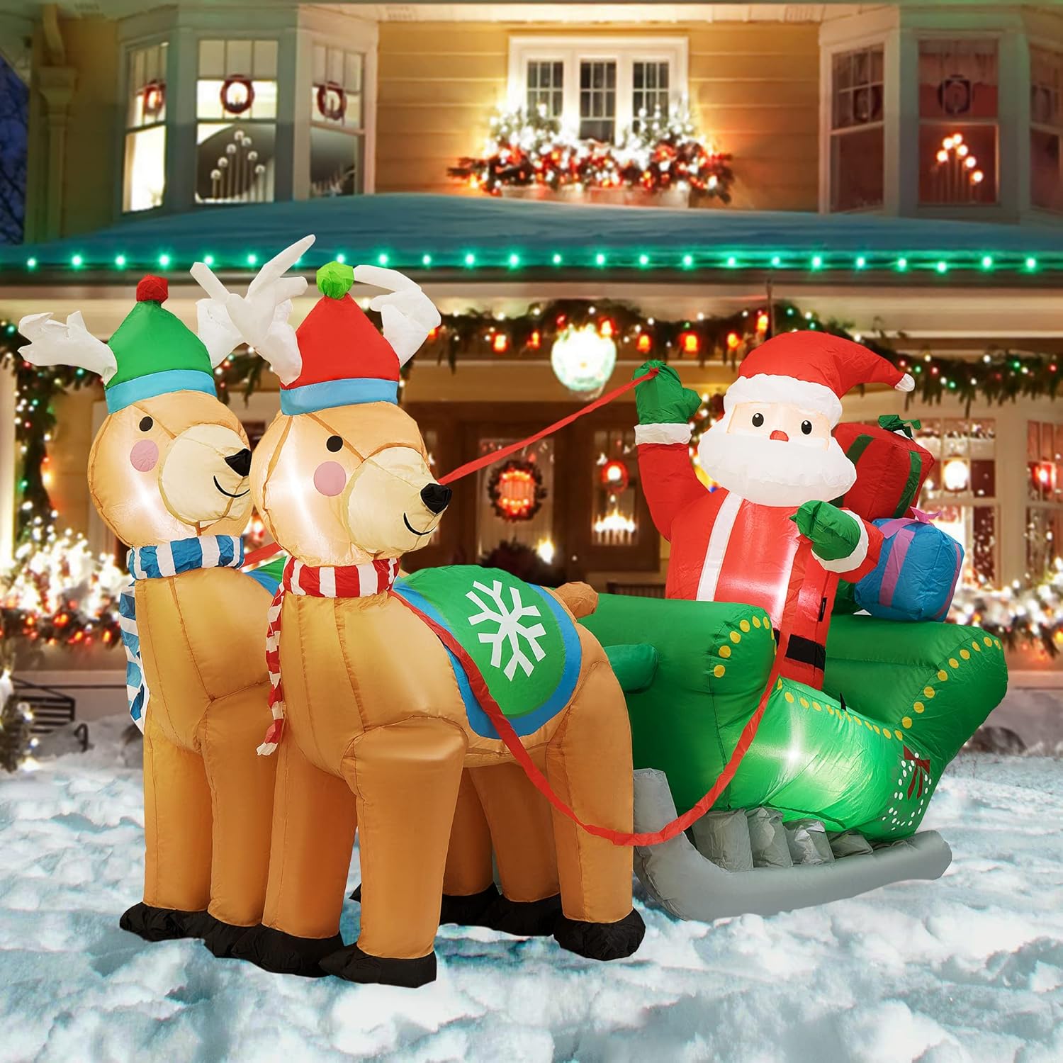 6.9ft Long Christmas Inflatable LED Lighted Santa on Green Sleigh with Reindeers and Gift Boxes Blow up Outdoor Yard Decoration M89584
