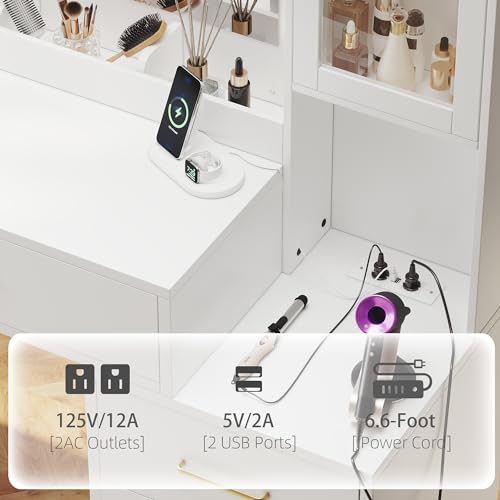 White Makeup Vanity Desk with Mirror & Lights and 5 Drawers D284257