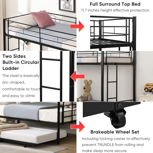 Black Twin Over Twin Metal Bunk Bed with Trundle Y4163