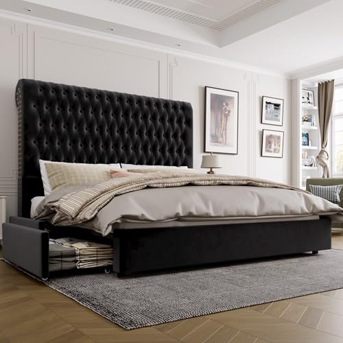 Beige Velvet Upholstered King Size Bed Frame with 4 Under-bed Storage Drawers R343201