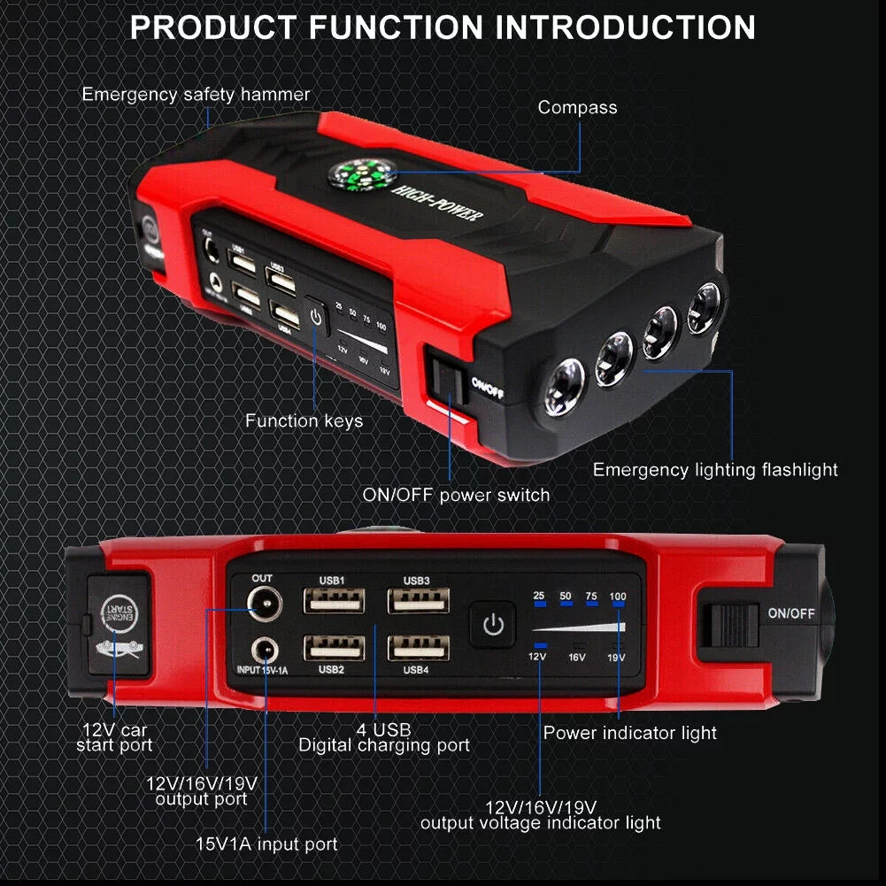 99800mAh Battery Jump Starter with 4 USB Ports and LED Flashlight J475588