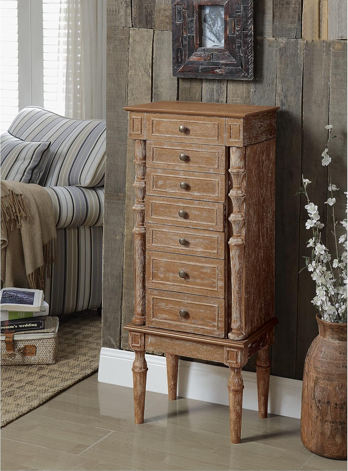 Weathered Oak Jewelry Armoire with Mirror Lid, 6 Drawers, Side Doors T6830