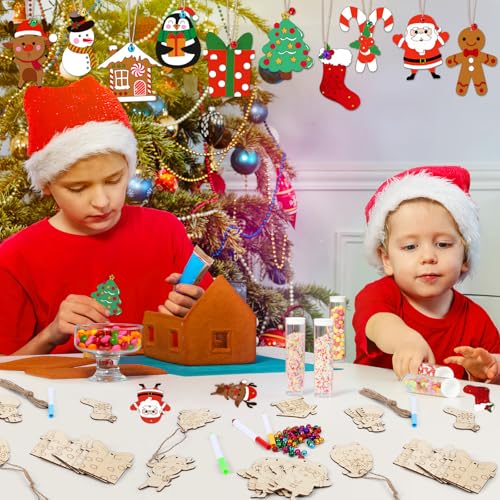 50 Pieces Christmas Wooden Ornaments Blanks Pendants Unfinished Wood Slices Hanging E57478