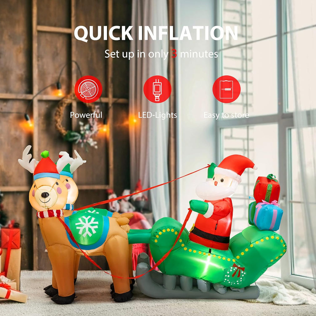 6.9ft Long Christmas Inflatable LED Lighted Santa on Green Sleigh with Reindeers and Gift Boxes Blow up Outdoor Yard Decoration M89584