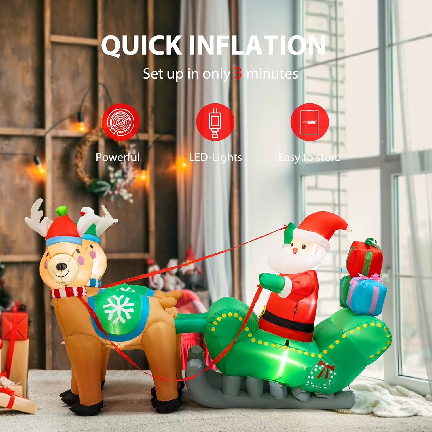 6.9ft Long Christmas Inflatable LED Lighted Santa on Green Sleigh with Reindeers and Gift Boxes Blow up Outdoor Yard Decoration M89584