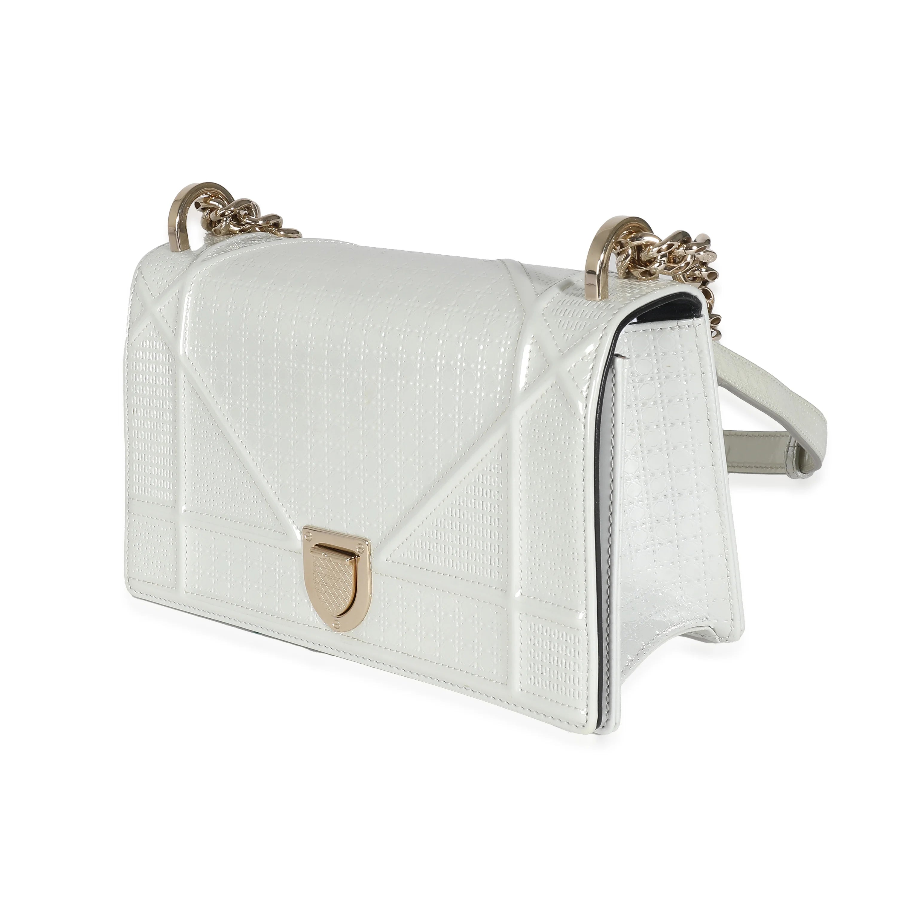 White Micro Cannage Patent Small Flap Bag V5602