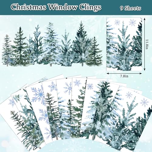 9 Sheet Christmas Window Clings Snowy Forest Trees Double-Sided Reusable Winter Window Decals D829822