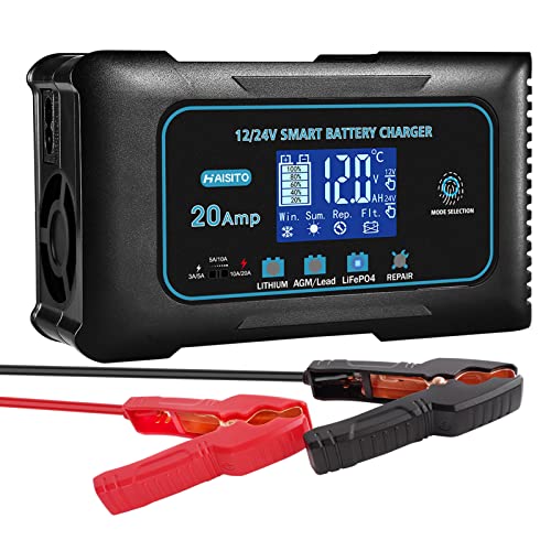 20 Amp Lithium Battery Charger, 12V and 24V Lifepo4, Lead-Acid Portable Car Battery Charger V704