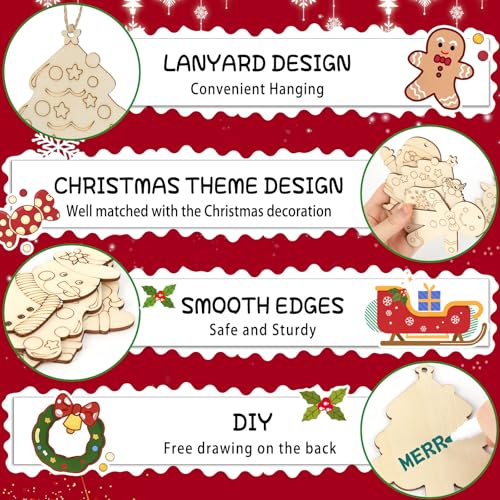50 Pieces Christmas Wooden Ornaments Blanks Pendants Unfinished Wood Slices Hanging E57478