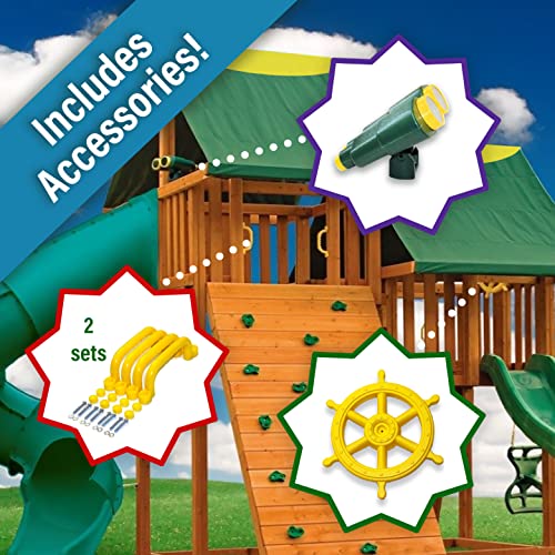 Solid Cedar Wood Swing Set with Clubhouses, Rock Wall, Spiral Slide, Swings Z4864