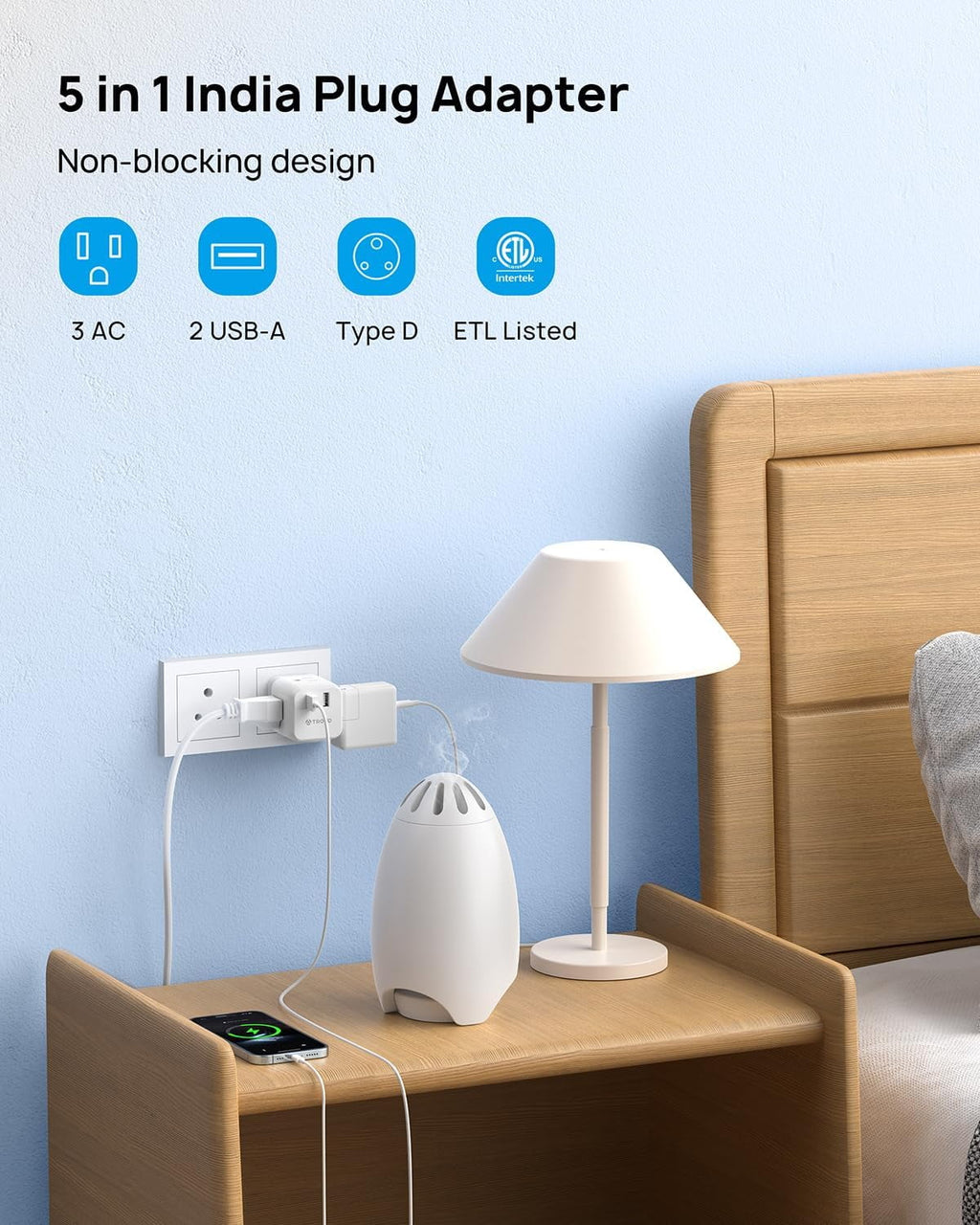 India to US Plug Adapter with 2 USB Ports 3 American Outlets L36033